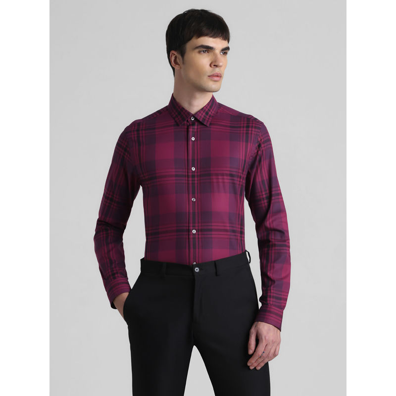 Jack & Jones Purple Checks Slim Fit Stretchable Casual Shirt (M)