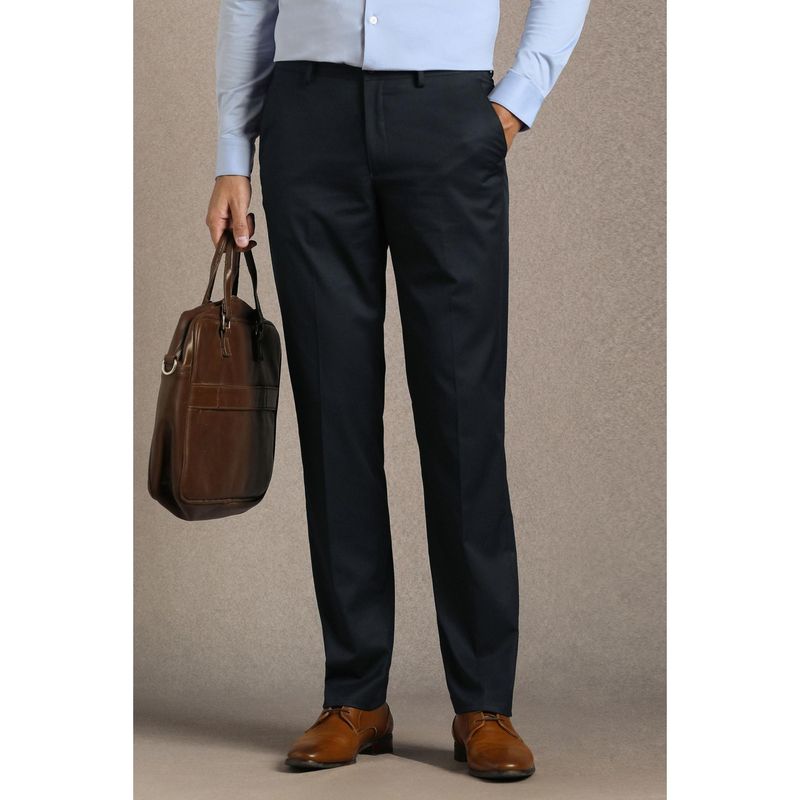 Louis Philippe Men Navy Blue Solid Flat Front Formal Trouser (32)