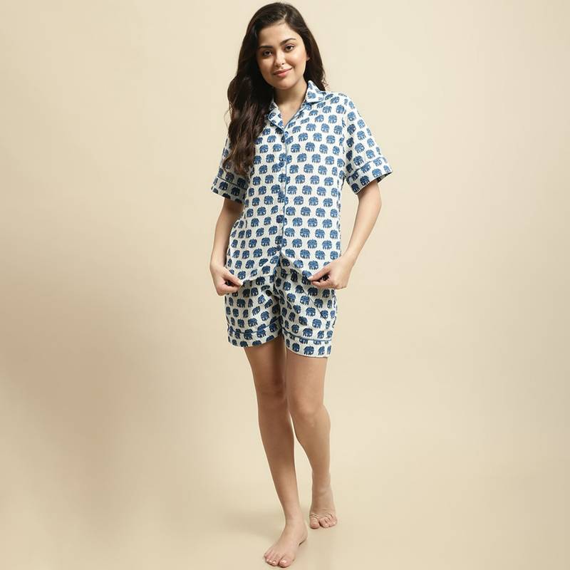 Secret Wish Womens Blue & White Elephant Print Night Suit (Set of 2) (XL)