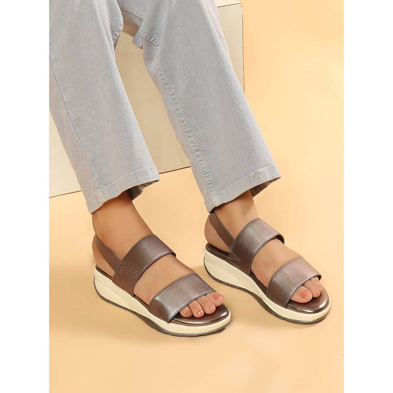 Carlton London Women Grey Metallic Double Strap Comfort Wedges (EURO 37)