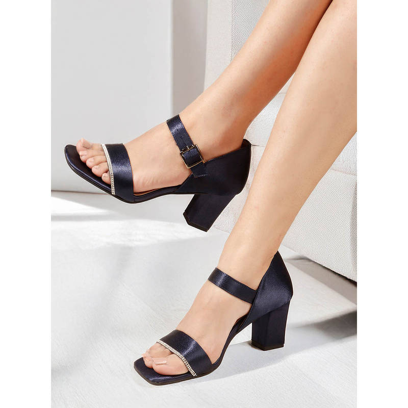 ELLE Women Navy Blue Solid Block Heel Sandals with Buckle Details (EURO 36)