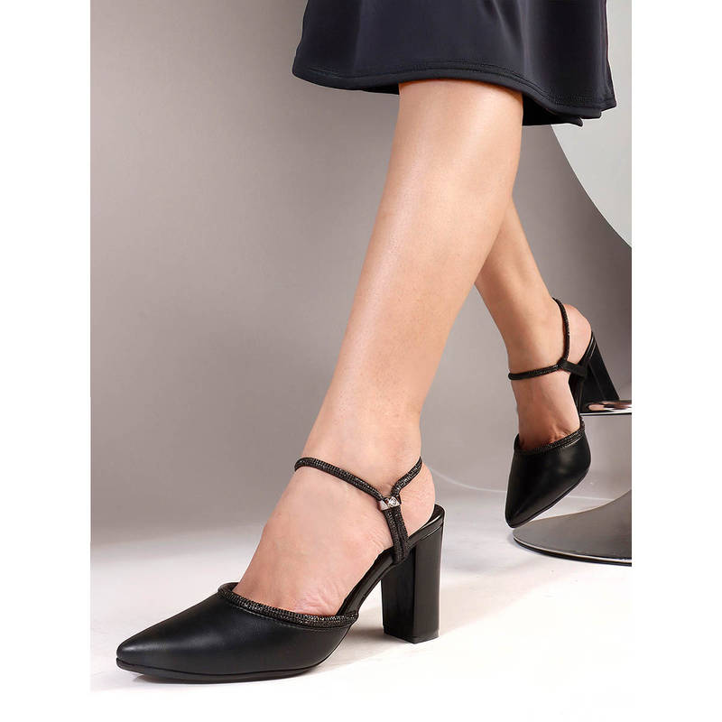 ELLE Women Black Glitter Ankle Strap Block Heels (EURO 39)
