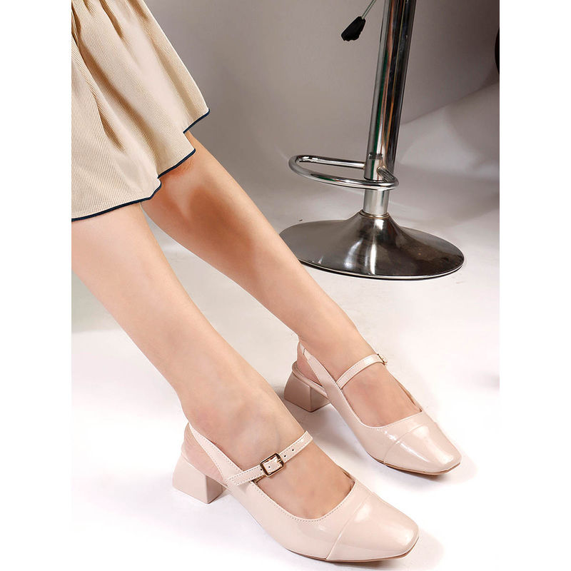ELLE Women Nude Stylish Solid Mary Jane Block Heels (EURO 37)