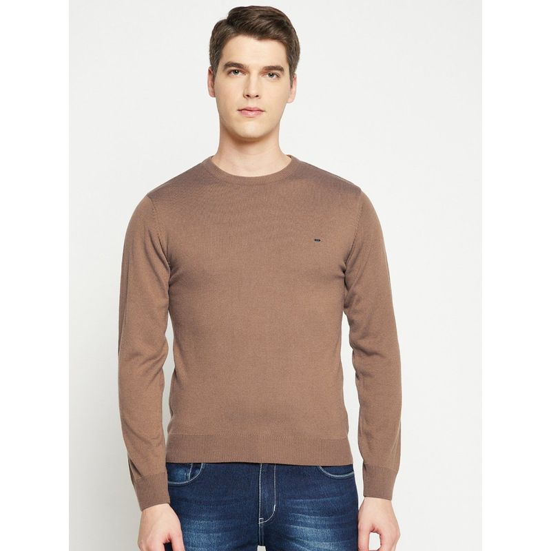 Okane Men Camel Brown Solid Acrylic Round Neck Sweater (L)
