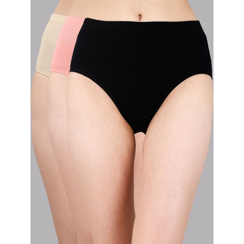 SOIE Womens High Waist Full Coverage Solid Cotton Hipster Panty Multi-Color (Pack of 3) (S)