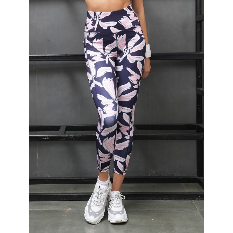 SOIE Womens High Waist Ankle Length Quick Dry Printed Sports Leggings Navy Blue (S)