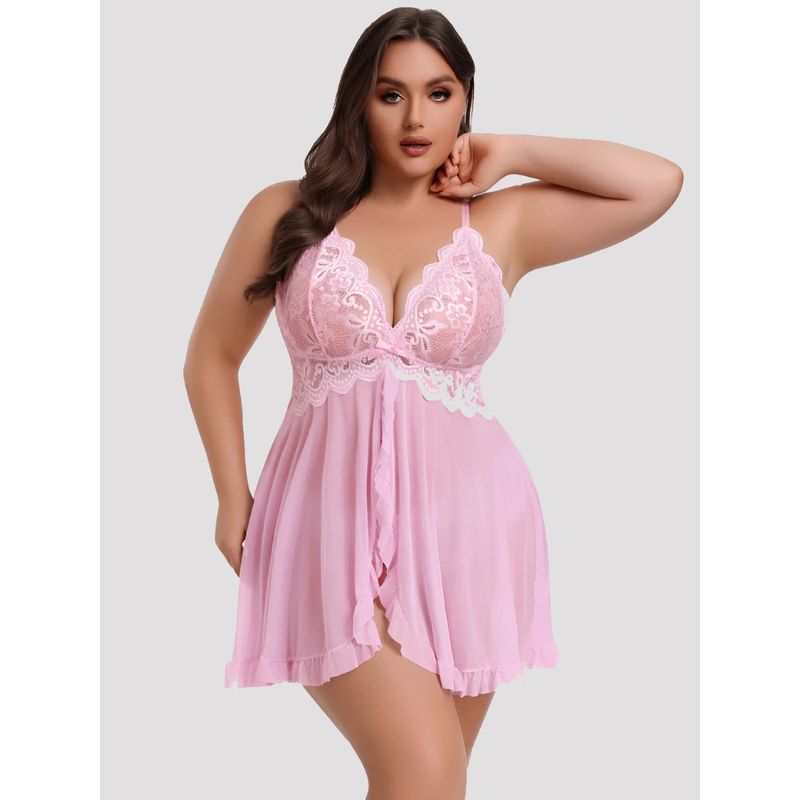Herryqeal Lace Open Front Strap Babydoll with Panty Pink (Set of 2) (XL)