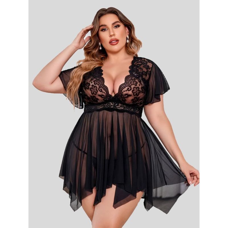 Herryqeal Babydoll Floral Lace Lingerie with Panty Black (Set of 2) (M)