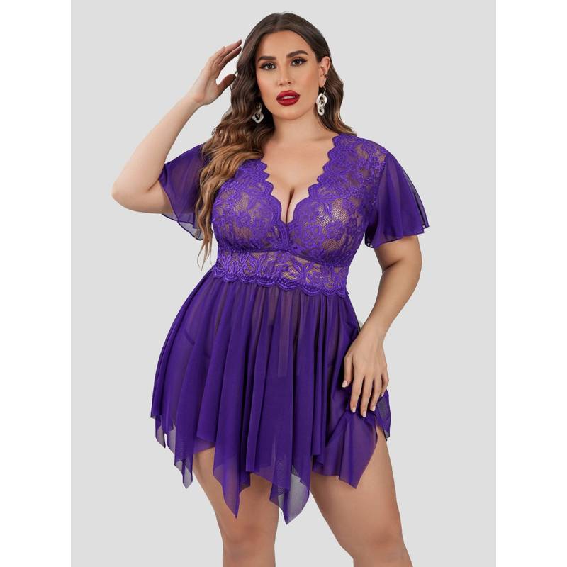 Herryqeal Babydoll Floral Lace Lingerie with Panty Purple (Set of 2) (S)
