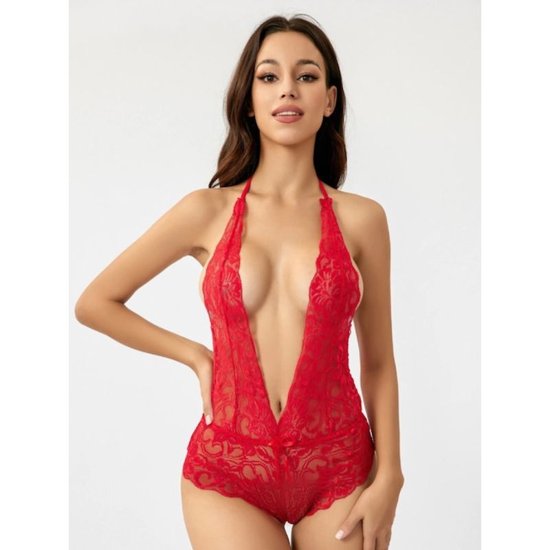 Herryqeal Women One Piece Lingerie Sexy Lace Bodysuit Deep V Teddy Babydoll Red (M)