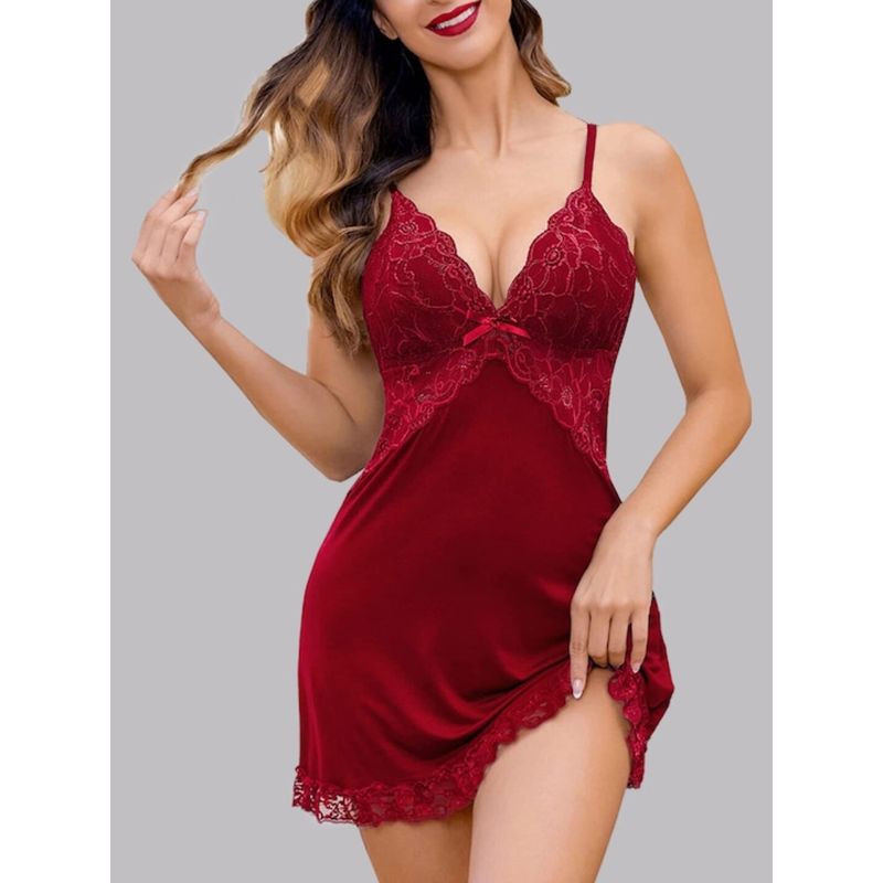 Herryqeal Womens Spaghetti Strap Babydoll with Panty Maroon (Set of 2) (M)