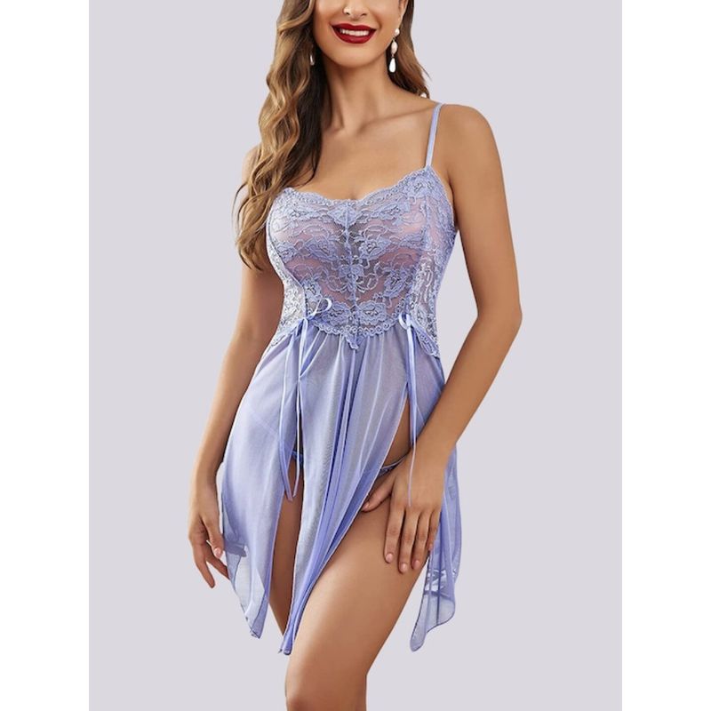 Herryqeal Sexy Lingerie for Women Lace Babydoll with Panty Blue (Set of 2) (XL)