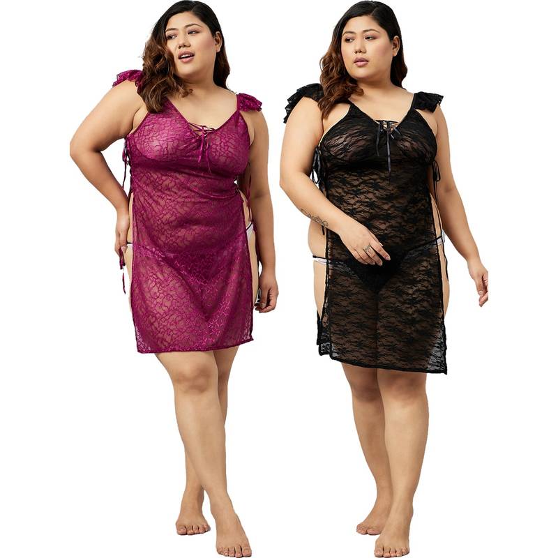 Secrets By ZeroKaata Plus Size Women Self Design Babydoll with Thong Briefs Multi-Color (L)