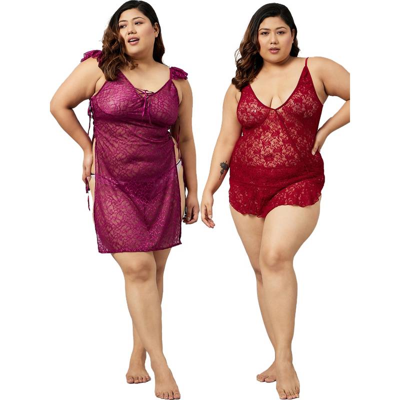 Secrets By ZeroKaata Plus Size Women Self Design Babydoll with Thong Briefs Multi-Color (L)