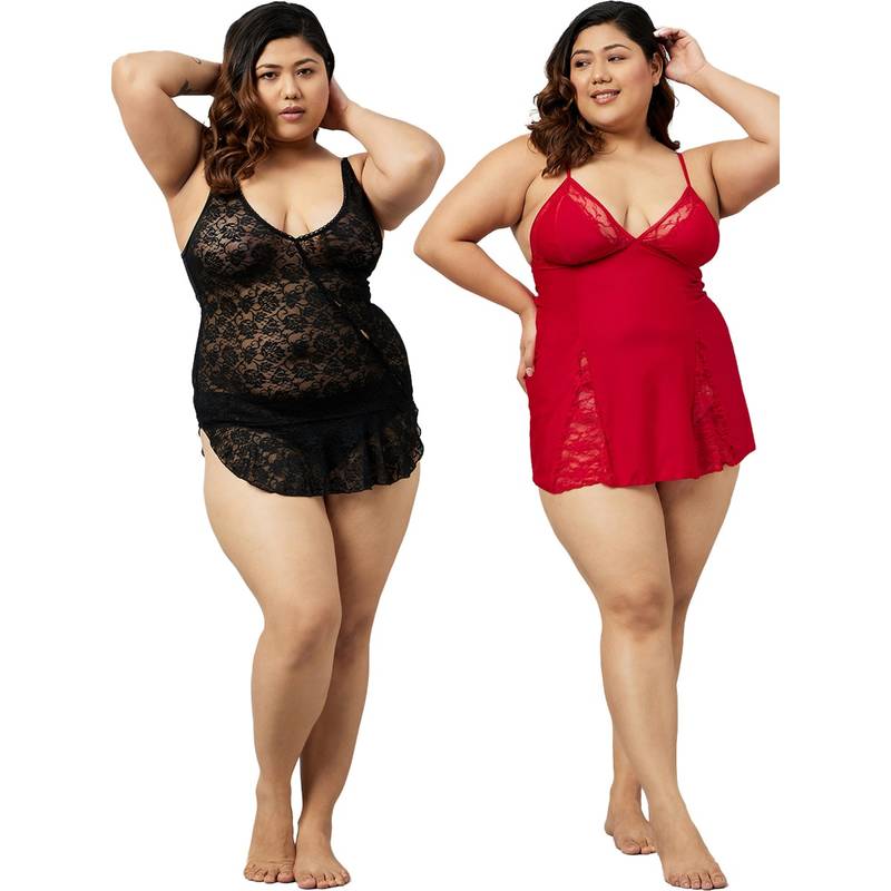 Secrets By ZeroKaata Plus Size Women Self Design Babydoll with Thong Briefs Multi-Color (L)