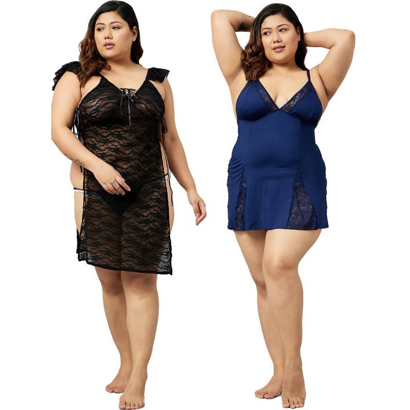Secrets By ZeroKaata Plus Size Women Solid Babydoll with Thong Briefs Multi-Color (L)