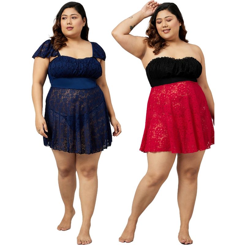 Secrets By ZeroKaata Plus Size Women Solid Short Babydoll with Thong Briefs Multi-Color (2XL)