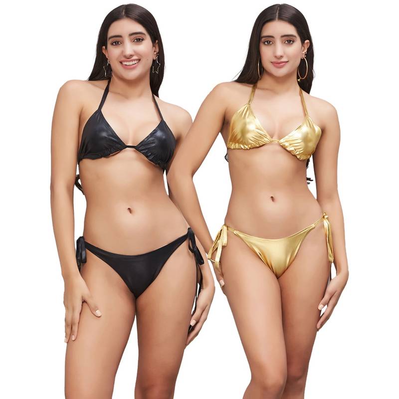 Secrets By ZeroKaata Women Metallic Beach Wear Swim Bikini Set Multi-Color (XS)