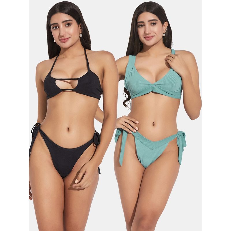 Secrets By ZeroKaata Ribbed Beach Wear Swim Bikini Set Multi-Color (XS)