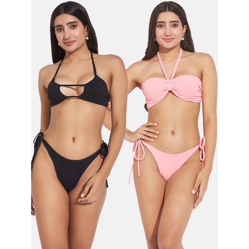 Secrets By ZeroKaata Ribbed Beach Wear Swim Bikini Set Multi-Color (XS)