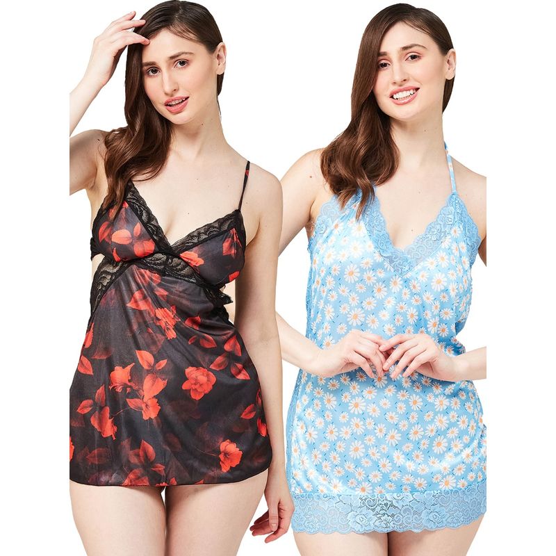 Secrets By ZeroKaata Women Printed Babydoll with Thong Briefs Multi-Color (XS)