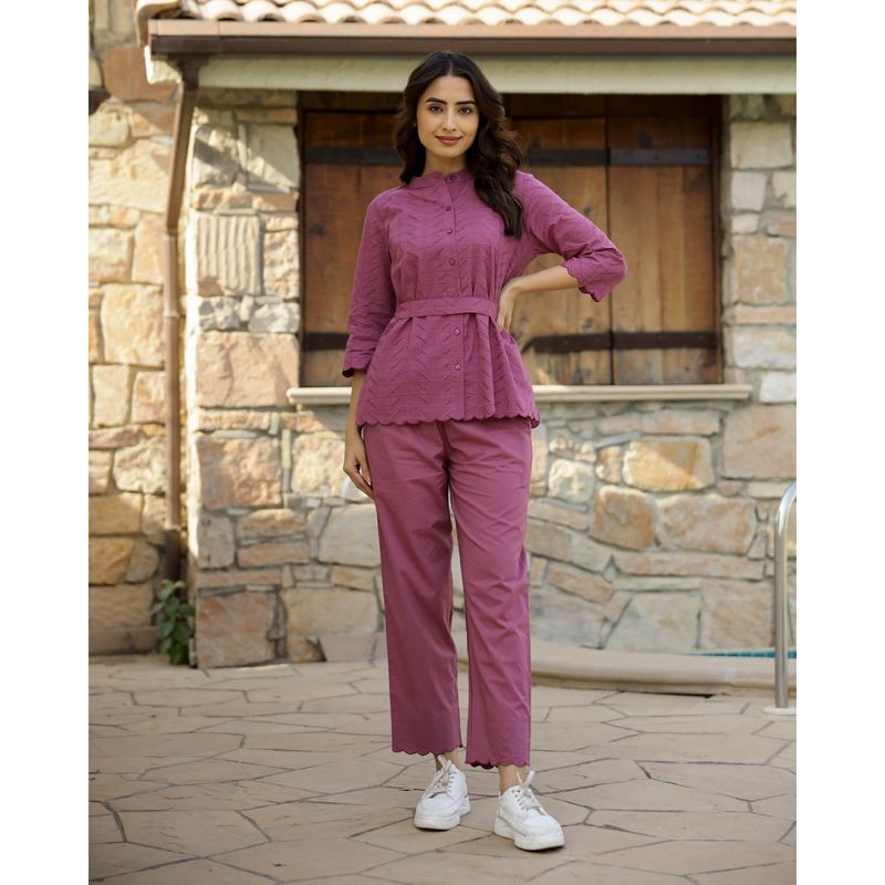 SAY Self Design Pure Cotton Night Suit Purple (Set of 3) (XL)
