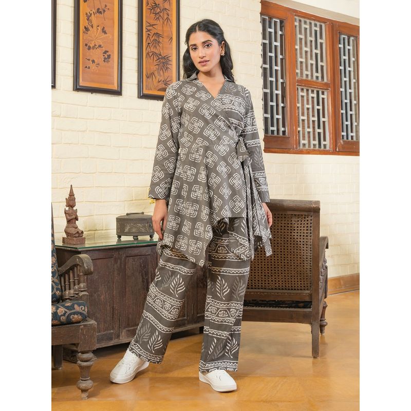 SAY Printed Shirt Collar Long Sleeves Pure Cotton Night Suit Grey (Set of 2) (S)