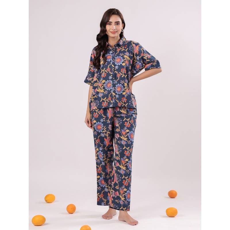 SANSKRUTIHOMES Women Ethnic Motifs Printed Night Suit Blue (Set of 2) (3XL)
