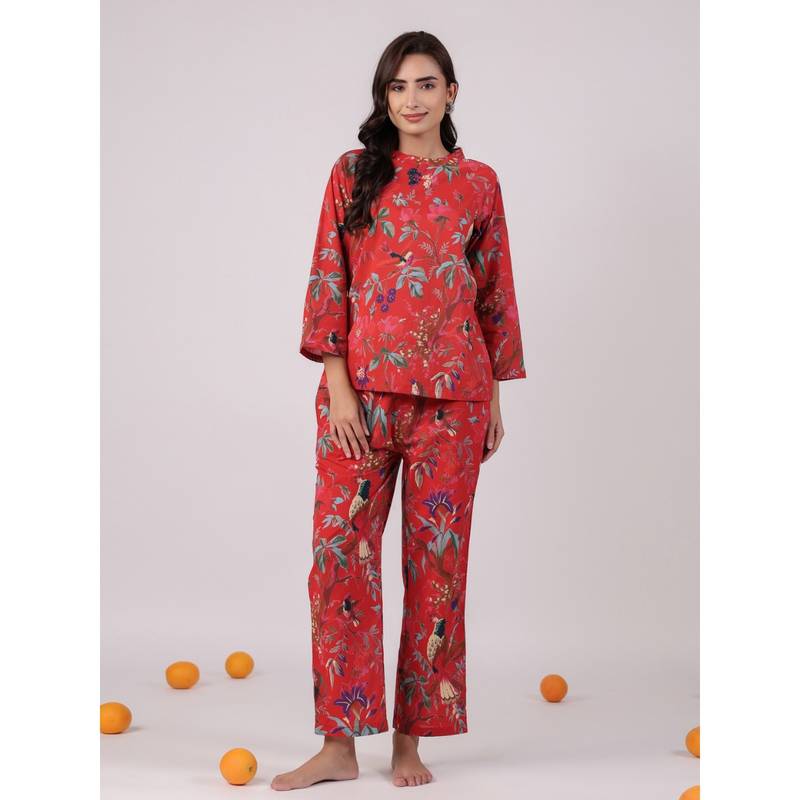 SANSKRUTIHOMES Women Pure Cotton Night Suit Red (Set of 2) (M)