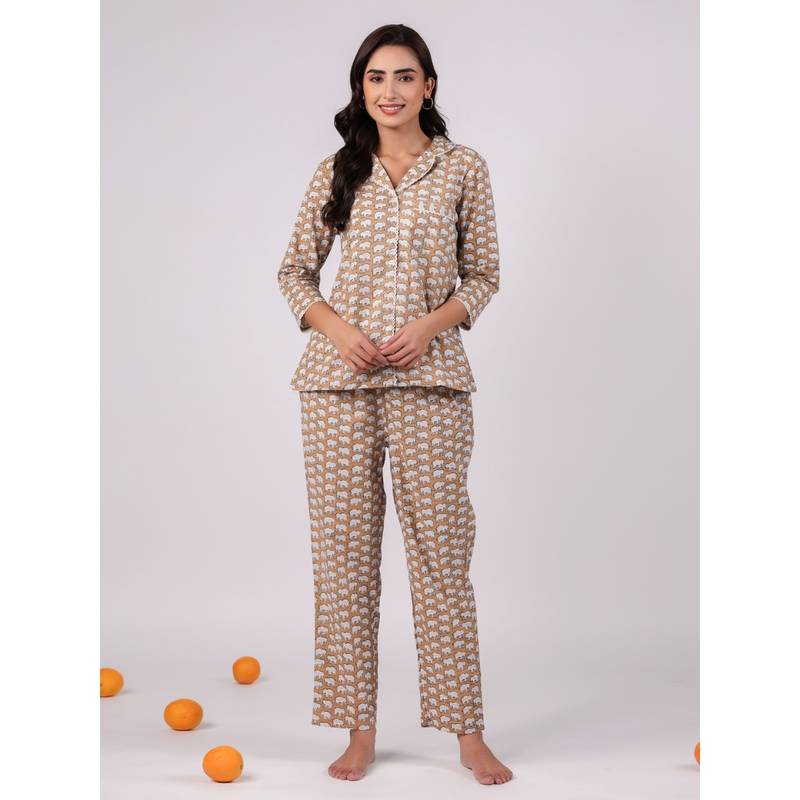 SANSKRUTIHOMES Women Pure Cotton Night Suit Beige (Set of 2) (3XL)