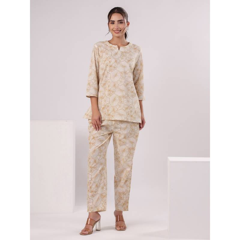 SANSKRUTIHOMES Women Pure Cotton Night Suit Off White (Set of 2) (M)