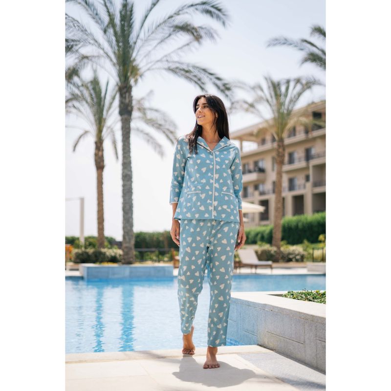 SAY Women Printed Night Suit Blue (Set of 2) (M)