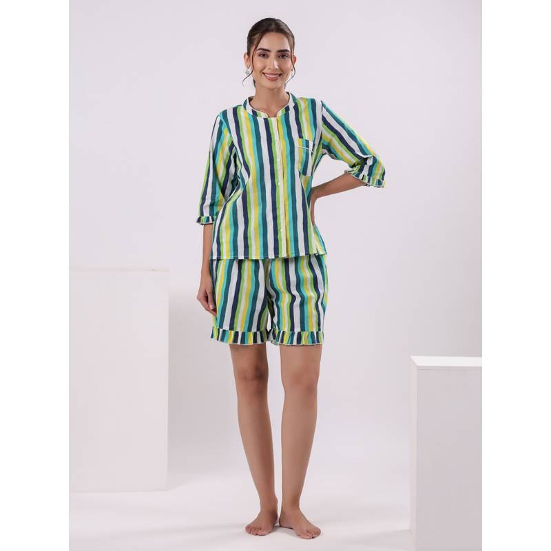 SANSKRUTIHOMES Women Pure Cotton Stripes Night Suit Multi-Color (Set of 2) (XL)