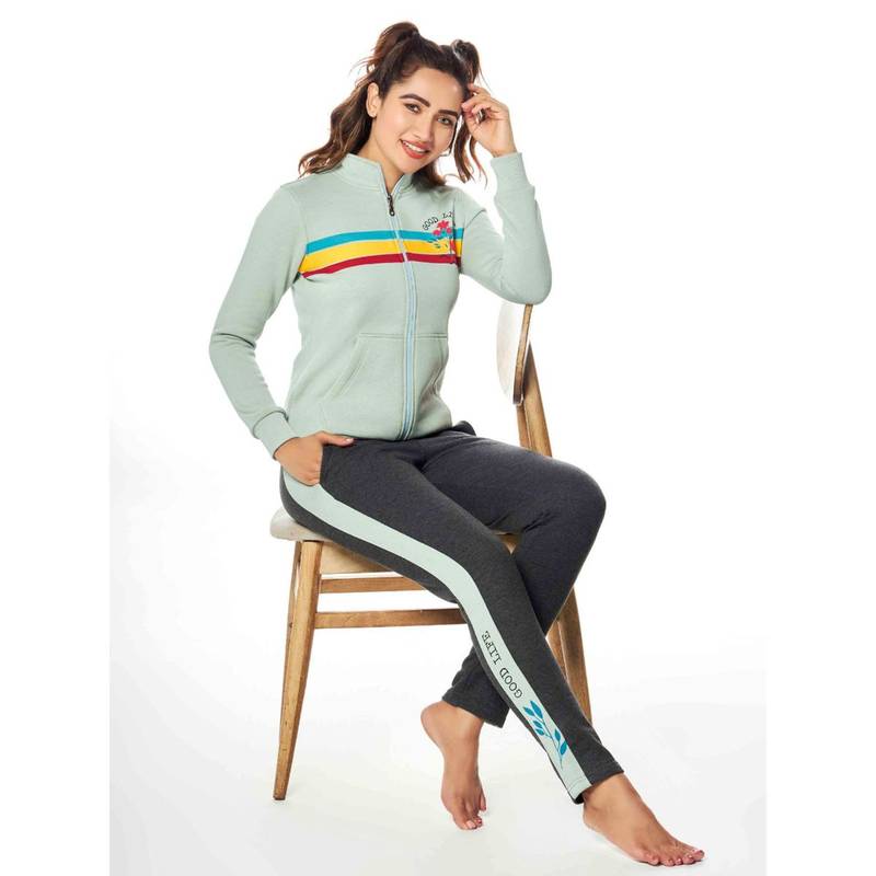 July Nightwear Winter Collection For Women Lt Green Fleece Track Suit with Zipper (2XL)