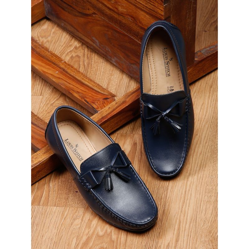 Louis Stitch Blue Premium Italian Leather Handcrafted Tassel Loafers for Men (UK 6)