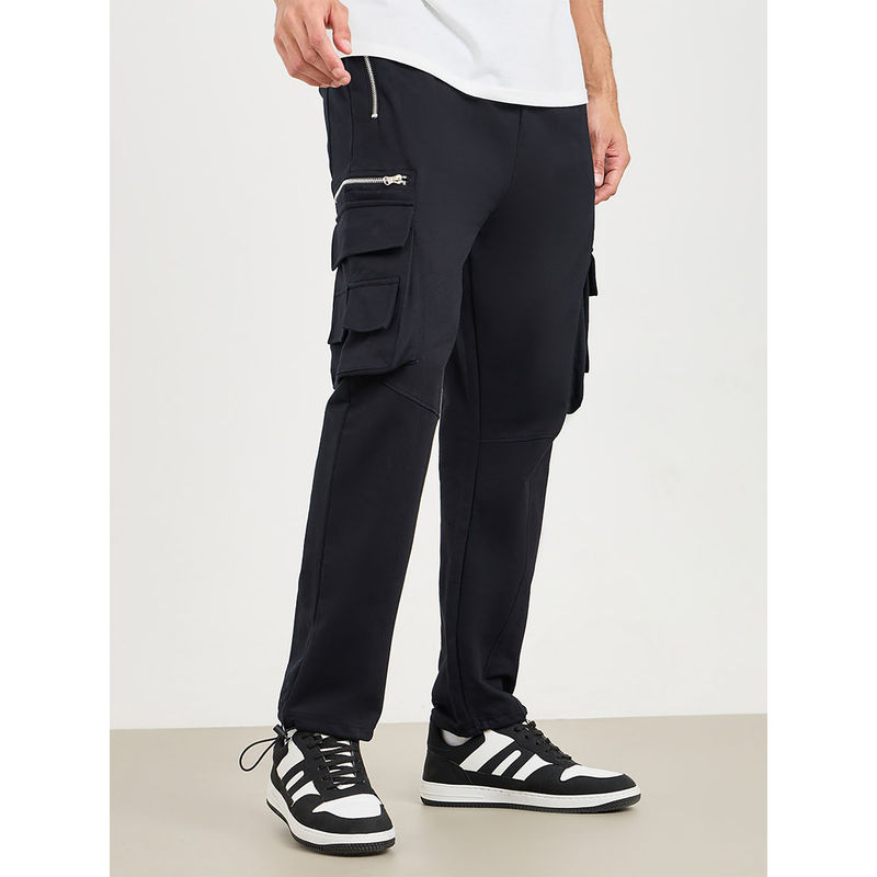 Styli Men's Black Mettalic Zipper Regular Cargo Jogger Cotton (M)