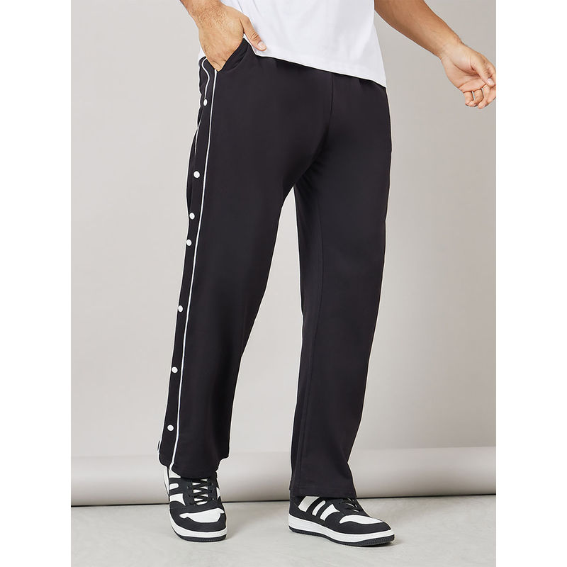 Styli Men's Black Contrast Piping And Popper Oversized Open Hem Joggers Cotton (L)