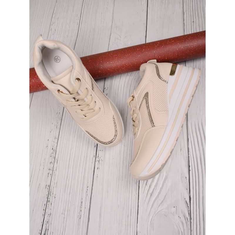 Jove Women Beige Glitter Wedge Heel Sneakers (EU 41)