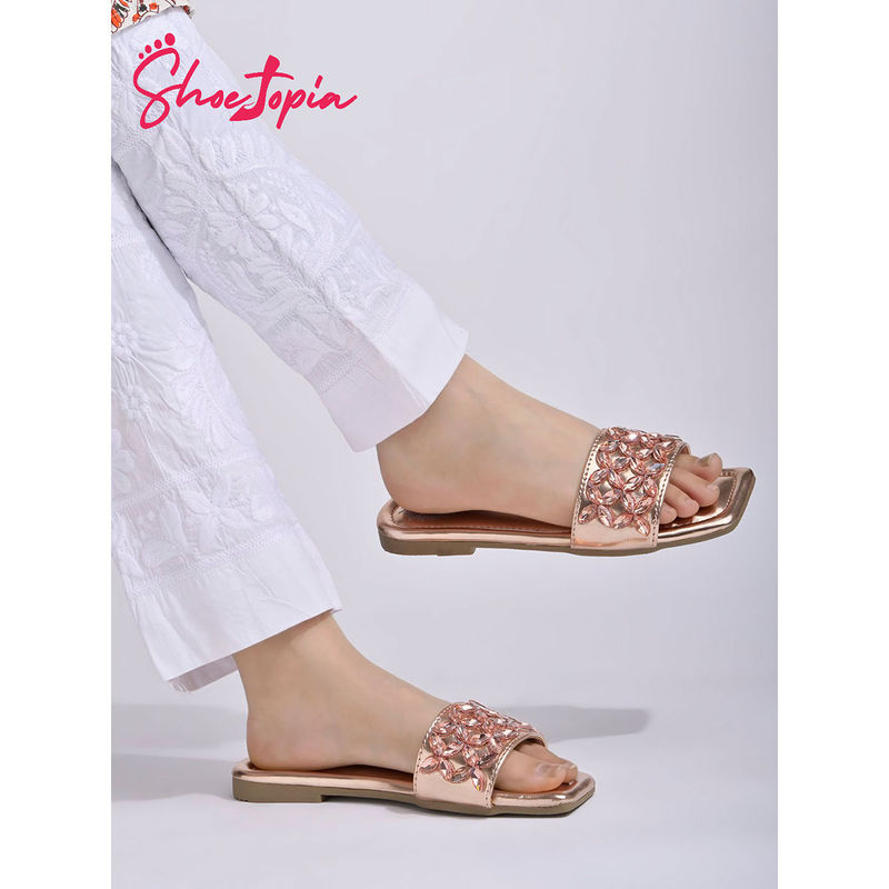 Shoetopia Embellished Rhinestone Rose-Gold Flats for Women (EURO 37)