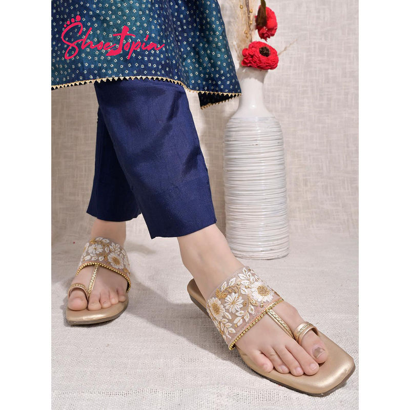 Shoetopia Embellished Golden Kolhapuri Flats for Women (EURO 38)