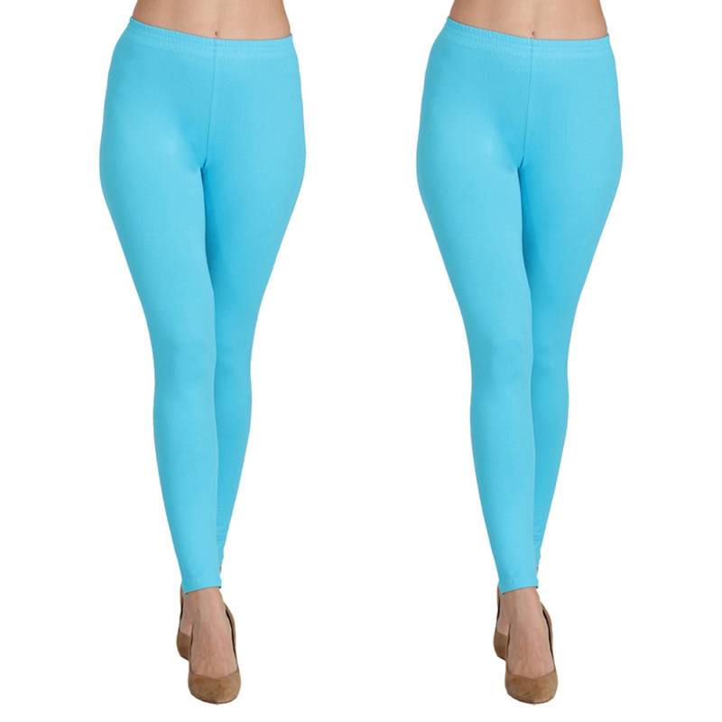 Groversons Paris Beauty Ankle Length Women's Solid Leggings Pack Of 2 - Ocean Blue (M)