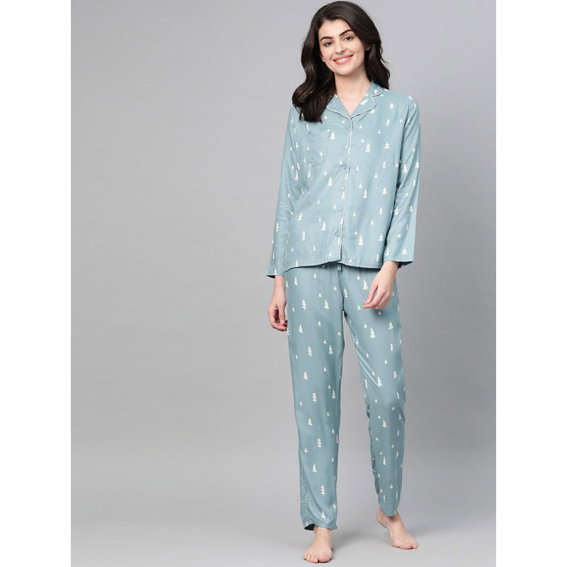 Drape In Vogue Women Tree Night Suit - Green (S)