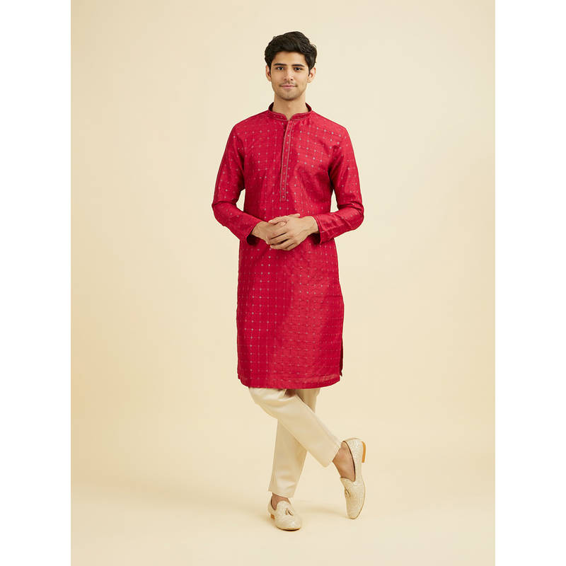 Manyavar Red Embroidered Art Silk Kurta and Pyjama (M)