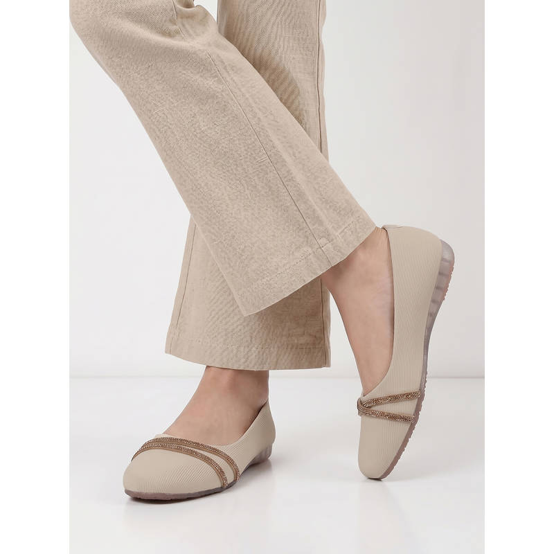 Dollphin Women Cream Textured Ballerina with Glitter Strap Detail Dfg-2510 (EURO 37)