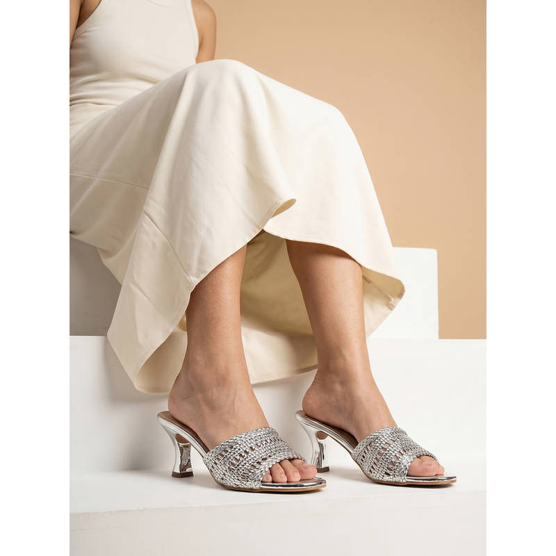 Dollphin Women Silver Braided Strap Kitten Heels Dfv-570 (EURO 36)