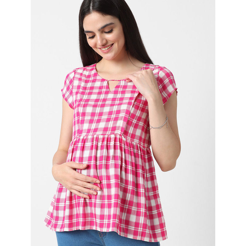 Mystere Paris Pink And White Checked Maternity Top (M)