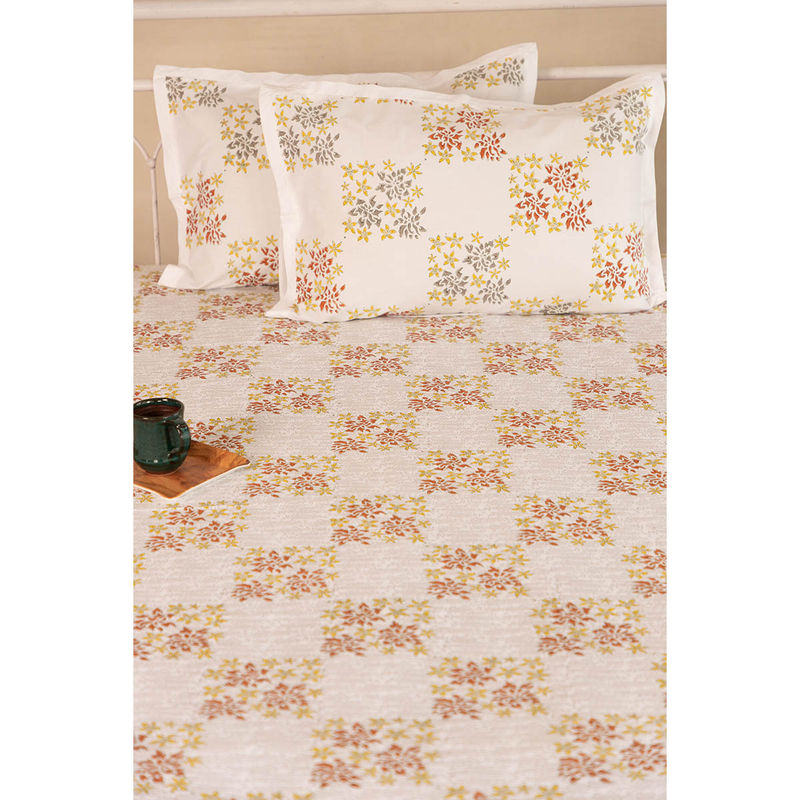 ADYA Honey & Hazel Bougainvillea Hand Block Printed Cotton Bedsheet with Pillow Covers (King)