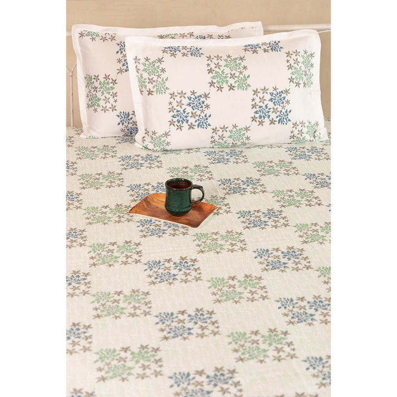 ADYA Space Bougainvillea Hand Block Printed Cotton Bedsheet with Pillow Covers (King)