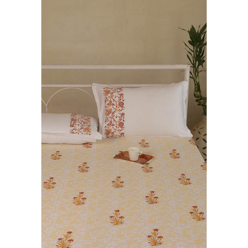 ADYA Honey & Ruby Lily Hand Block Printed Cotton Bedsheet with Pillow Covers (King)