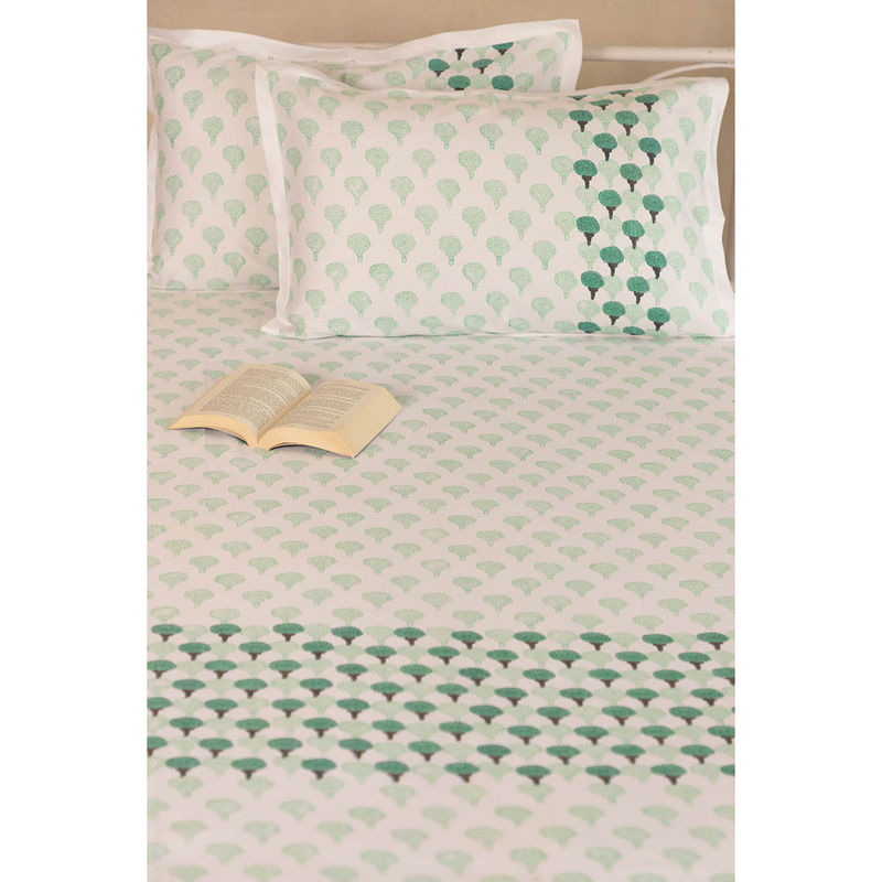 ADYA Fern Marigold Hand Block Printed Cotton Bedsheet with Pillow Covers (King)